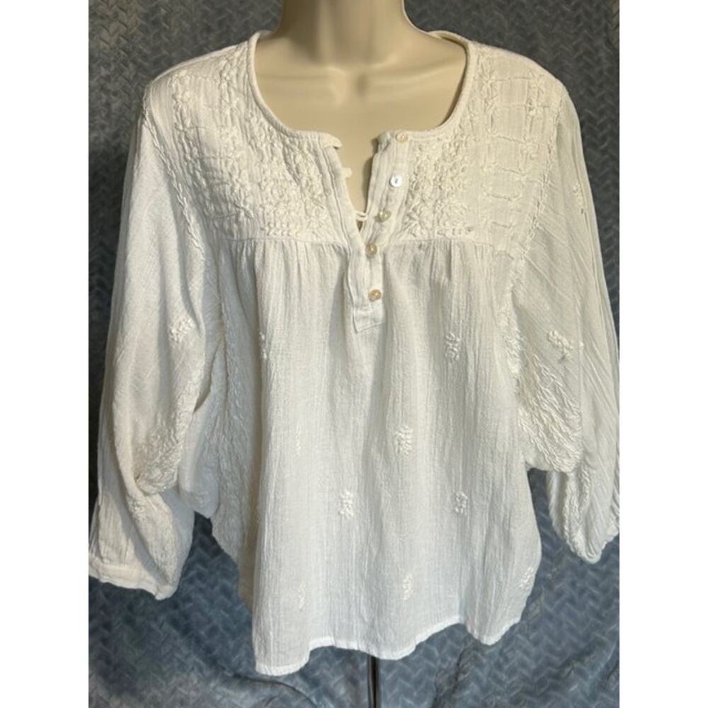 Rachel Zoe Embroidered Peasant Blouse Dolman Sleeve White M BOHO Loose Fit Retro
